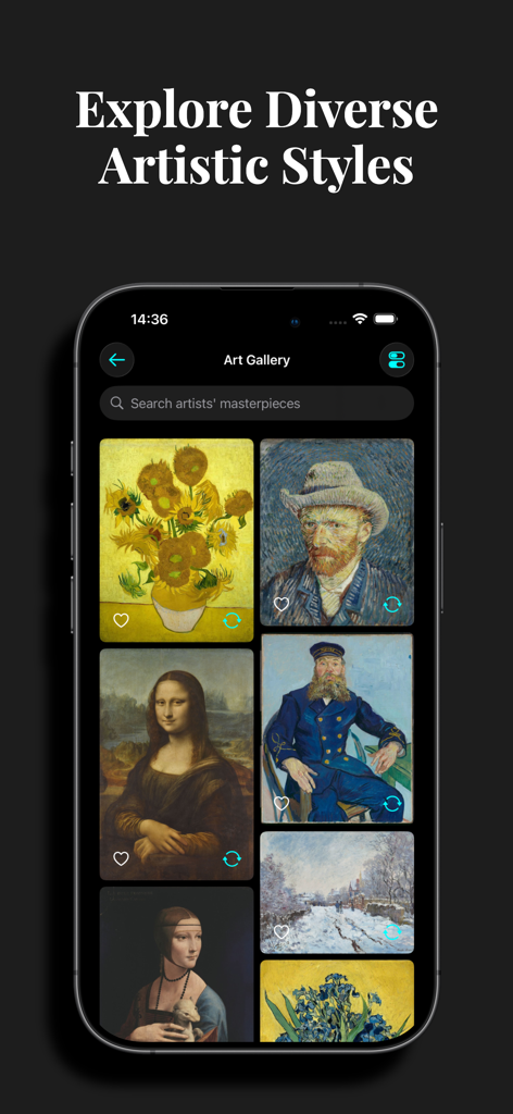 FluxCat - AI Image Generator - Mobile app interface of FluxCat showing a gallery of famous artistic styles for AI image generation