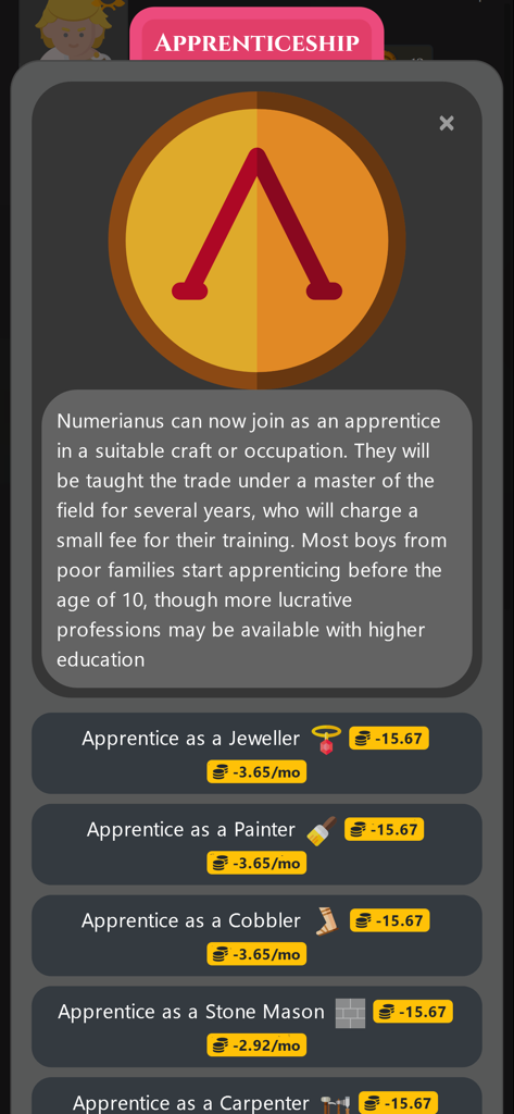 Citizen of Rome game screen showing apprenticeship options for Roman trades including jeweller, painter, and cobbler.