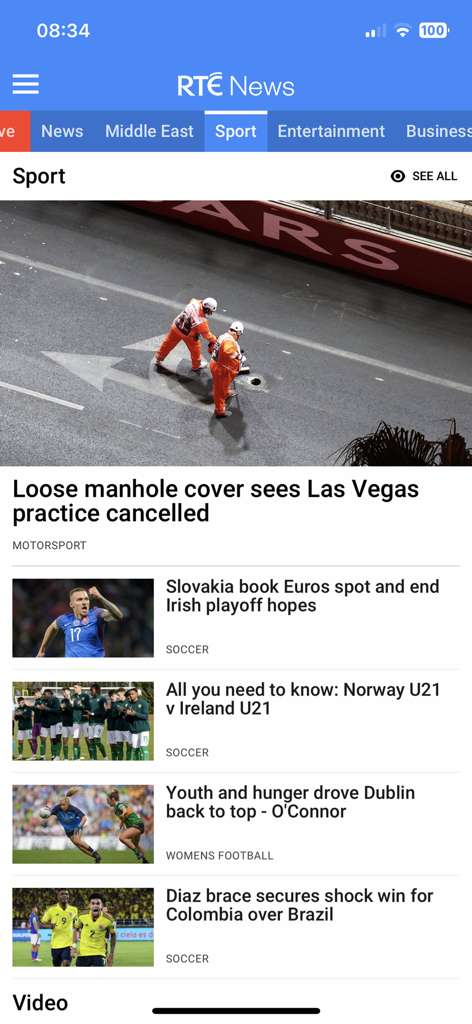 RTÉ News - La section sport de l'application RTE News affiche les titres concernant le sport automobile, le football et le football féminin.