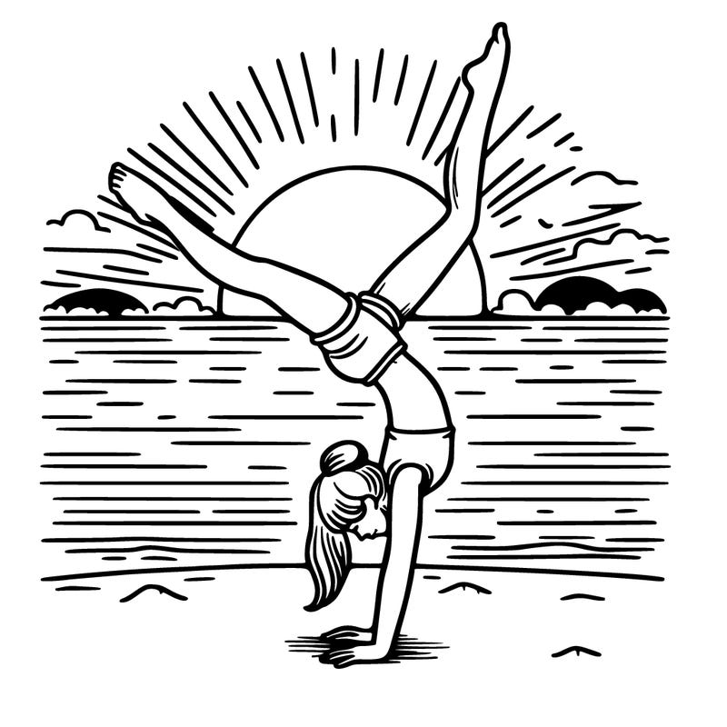 girl doing handstand infront of a sunset
