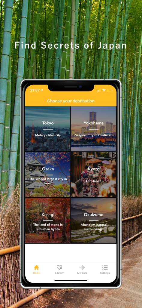 Écran d'application mobile montrant une sélection de villes japonaises pour des visites audioguidées à pied, notamment Tokyo, Kyoto et Osaka