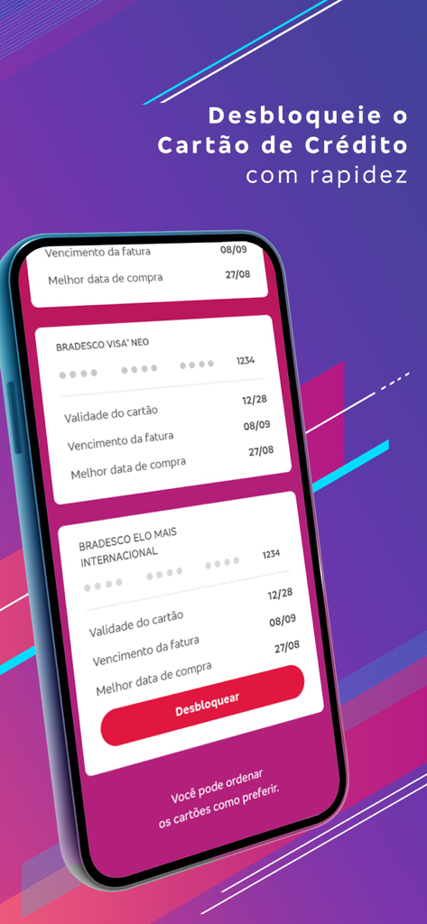 Bradesco Cartões - Interface do aplicativo Bradesco Cartões mostrando opções de desbloqueio de cartão de crédito para cartões Visa e Elo
