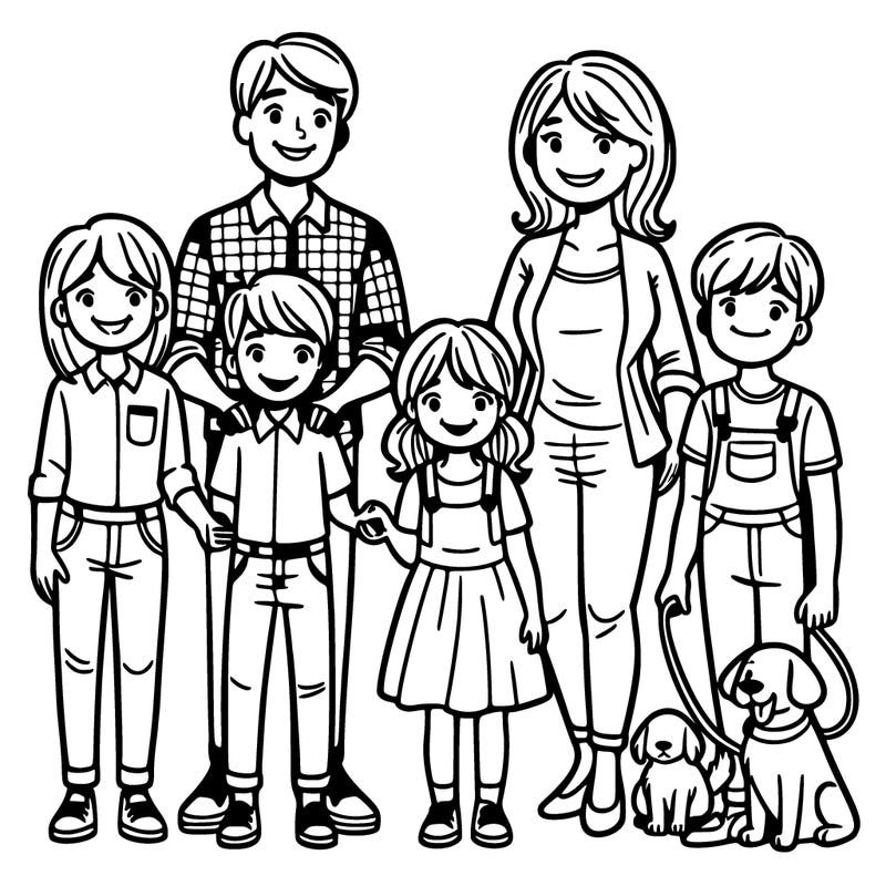 a family of six with a mom dad older girl a little girl and two boys with their dog