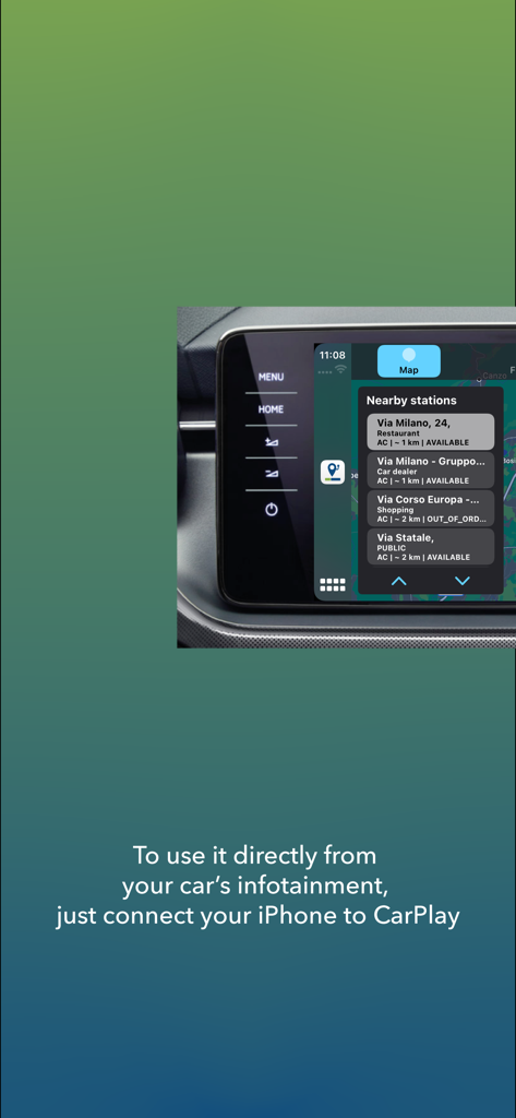 evway - Car Navigator eMX - evway app interface on car infotainment screen via Apple CarPlay showing nearby EV charging stations.