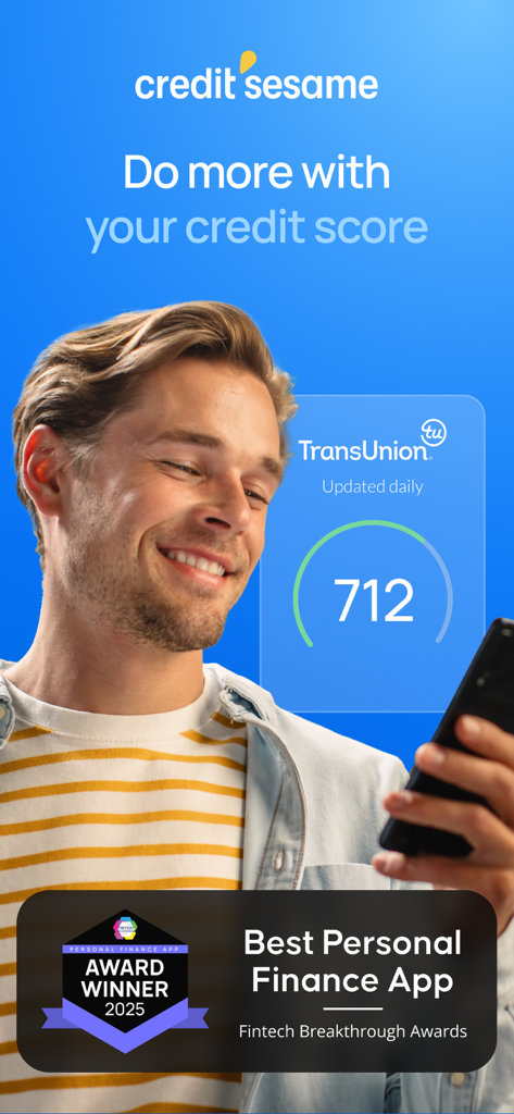 A smiling user checking his daily TransUnion credit score on the Credit Sesame app