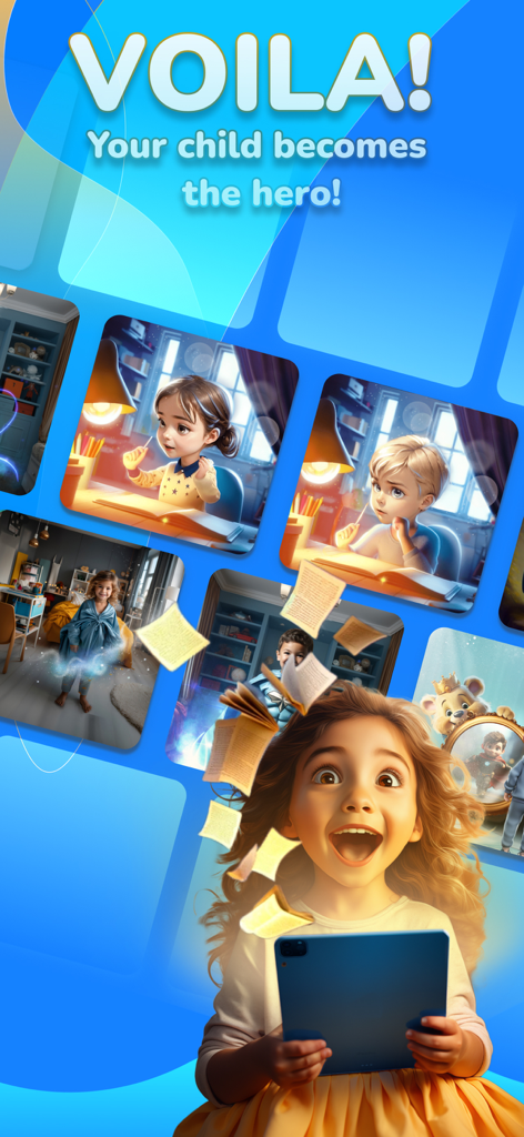 MyStorybook: Stories for kids - A young girl holding a tablet with magical story pages flying out, surrounded by illustrations of children as storybook heroes.
