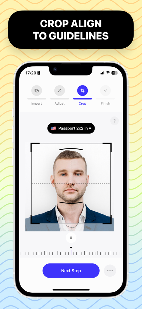 Tela do aplicativo Passport Booth mostrando o alinhamento do rosto para uma foto de passaporte de 5x5cm
