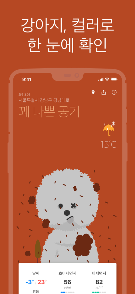 Mise-meong weather app interface showing poor air quality with a sad Bichon Frise dog mascot