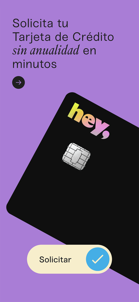 Ecrã de pedido de cartão de crédito Hey Banco com mensagem de anuidade zero