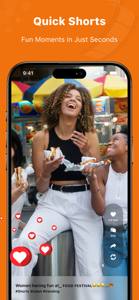 4K Video Saver - Interface of the 4K Video Saver app displaying a short video of a food festival with social engagement icons