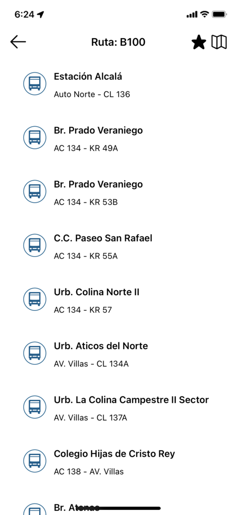 Pantalla oficial de la aplicación TransMi mostrando una lista de paradas de autobús para la ruta B100 en Bogotá