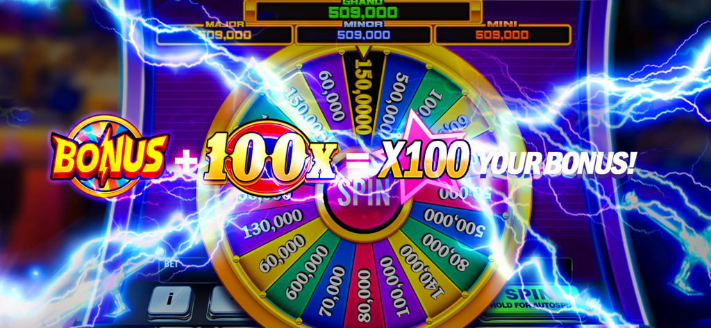 Double Rich！Vegas Casino Slots - Una rueda de bonificación giratoria en ¡Doble de Suerte! Slots de Casino con un multiplicador de 100x y efectos de relámpago brillantes.