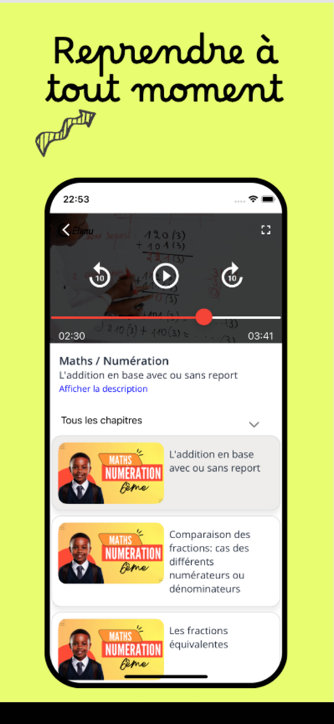 A screen from the Elimu app showing a French mathematics video lesson and its curriculum chapters