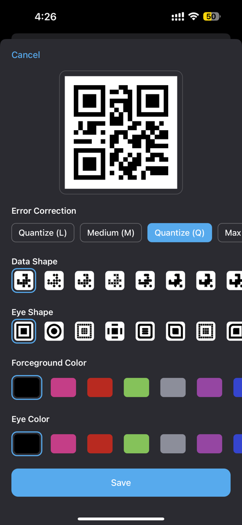Interface geradora de código QR dentro do aplicativo Offline Files mostrando opções de personalização