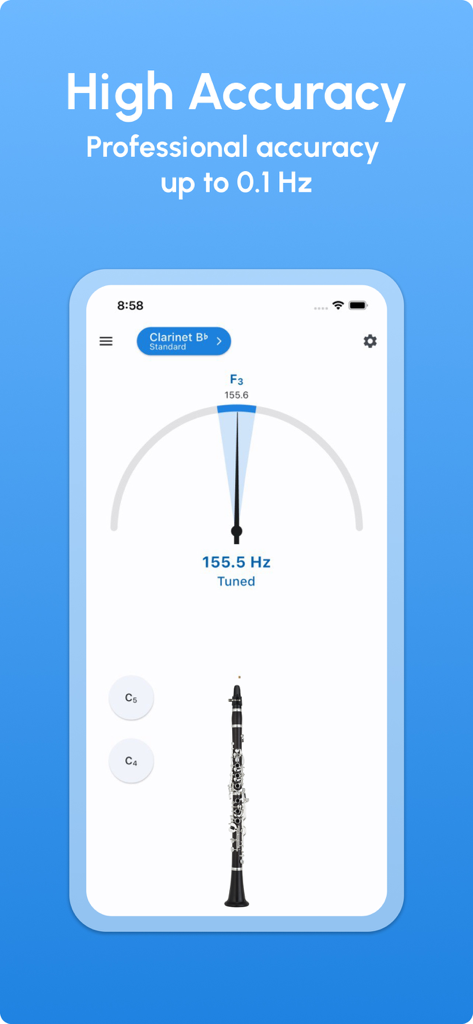 Clarinet Tuner - LikeTones - Interface of the Clarinet Tuner app showing professional tuning accuracy of 0.1 Hz with a tuned F3 note.