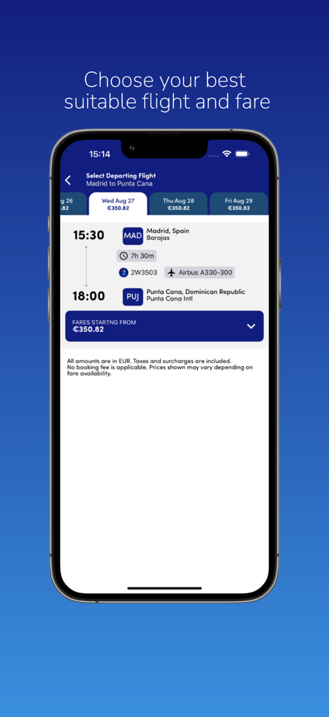 Pantalla de resultados de búsqueda de vuelos de la aplicación World2Fly de Madrid a Punta Cana con horarios de salida y precios de billetes