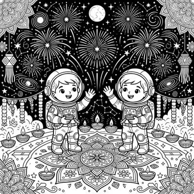 Join two adventurous astronauts as they bring the vibrant spirit of Diwali to the stars! This unique coloring page blends cosmic exploration with traditional festive joy, ready for your creative touch.