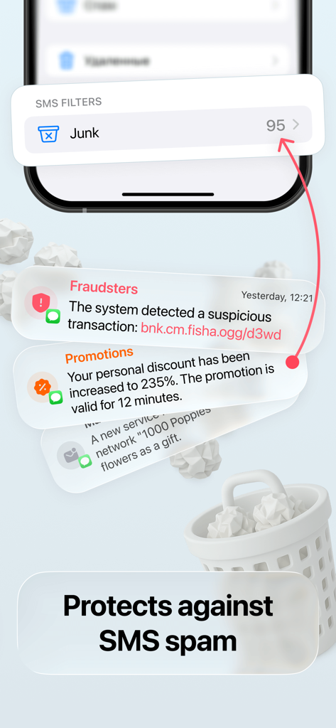 NumBuster. Real Name Caller ID - Interfaz de la aplicación móvil NumBuster mostrando filtrado de spam SMS con carpeta de correo no deseado para estafadores y promociones