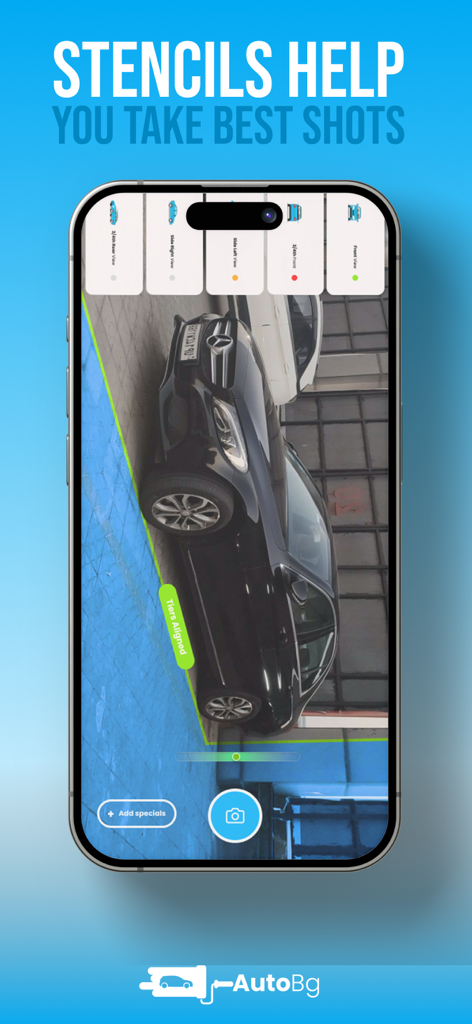 Interfaz de la aplicación autobg mostrando plantillas de fotografía de coches y guía de alineación de neumáticos