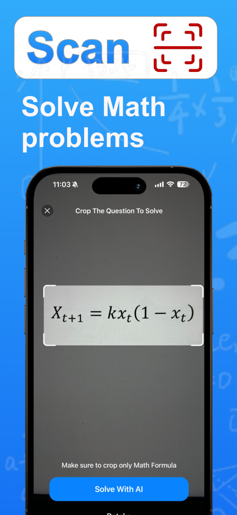 Calculus Solver - Math Answers - Smartphone screen showing the Calculus Solver app scanning a math equation with an AI camera