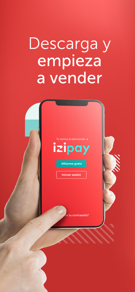 A hand holding a smartphone showing the izipay app login and registration screen on a red background