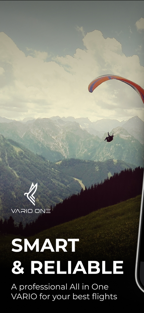 A paraglider flying over mountains with Vario One smart variometer branding.
