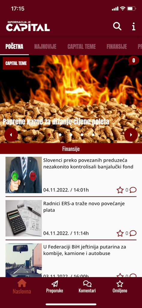 Pantalla de inicio de la aplicación Portal Capital mostrando artículos de noticias financieras y empresariales para la región de los Balcanes