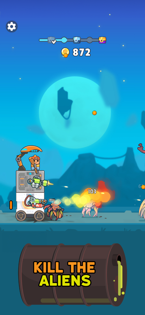 TDS - Tower Destiny Survive - Jugabilidad de Tower Destiny Survive mostrando una fortaleza móvil atacando monstruos alienígenas