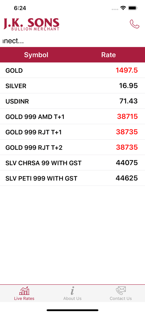 JKSons Live! - JKSons Live app screen displaying real time gold and silver bullion rates