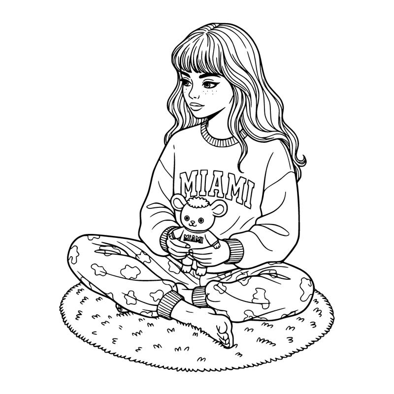 a gorgeous girl with long hair and bangs wearing cozy baggy pajama pants and a sweatshirt that says miami on it sitting on a fuzzy carpet holding a labubu wearing a miami sweatshirt