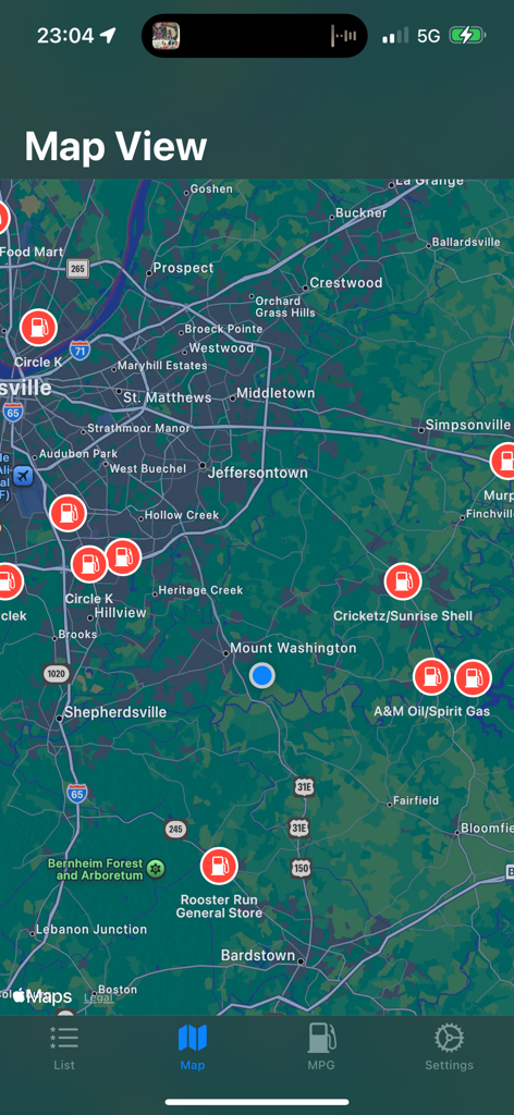 Pure Gas - Map view of the Pure Gas app displaying nearby ethanol-free fuel stations