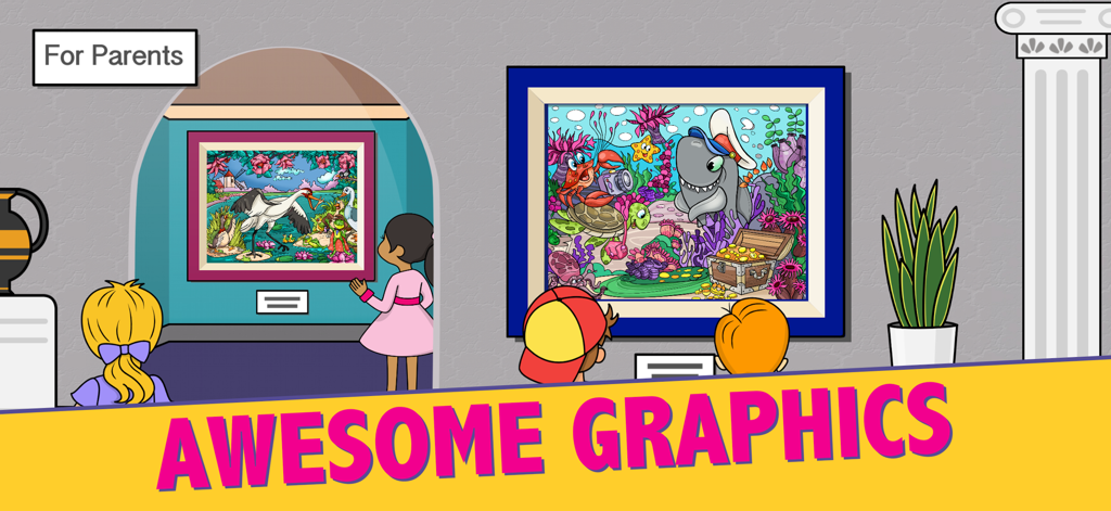 Hidden Object Puzzles For Kids - Cartoon children in an art gallery looking at colorful handmade hidden object puzzle scenes