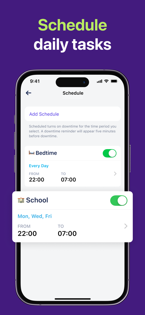 FamiGo app interface showing the schedule feature for setting daily tasks and bedtime routines