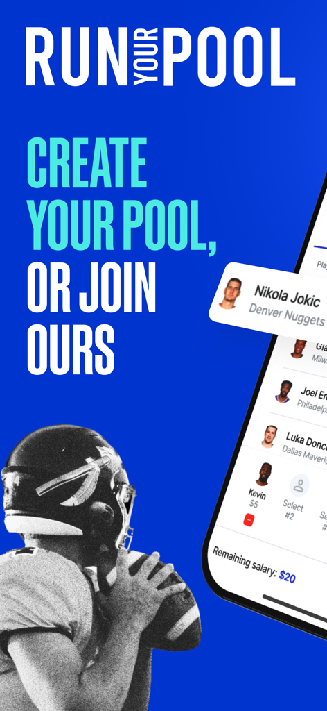 RunYourPool - Interfaz de la aplicación RunYourPool para crear y unirse a quinielas deportivas con opciones de draft de fútbol y baloncesto