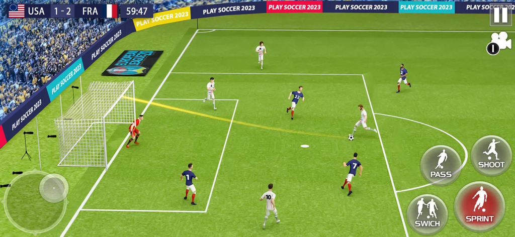 Play Soccer 2026 - Real Match - 3D soccer match gameplay between USA and France with mobile UI controls