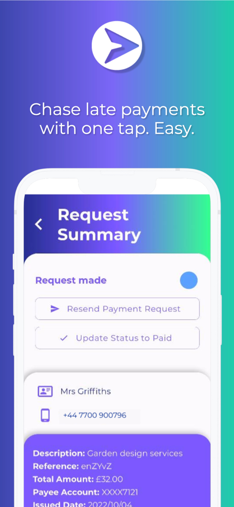 Go Get Paid app interface showing a payment request summary with buttons to resend the request or update its status to paid.