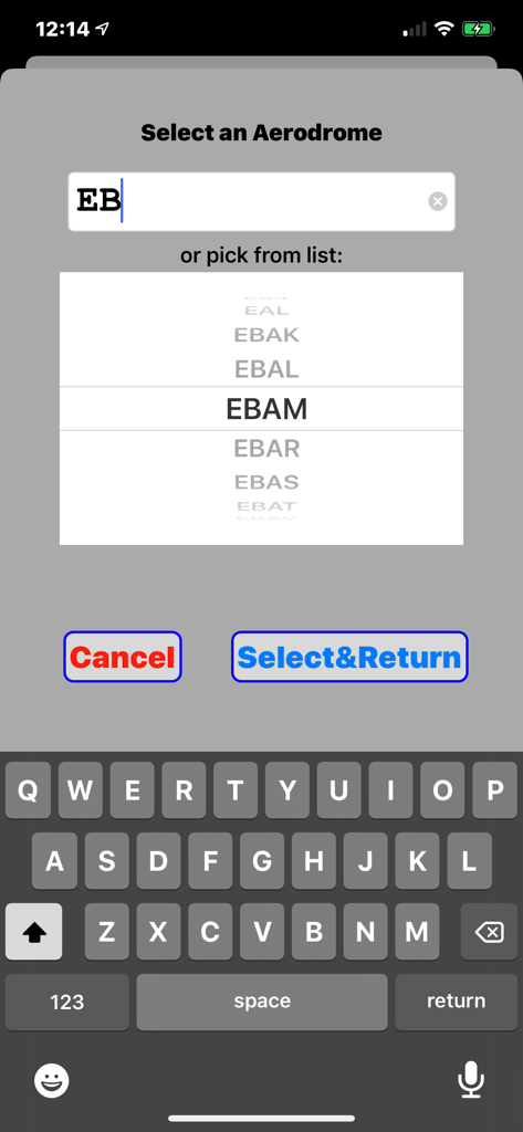 Interface for selecting an aerodrome using ICAO codes in the Civil Twilight Calculator app
