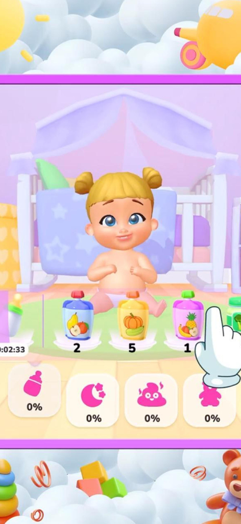 My Baby Care: Virtual Dress Up - A virtual baby sitting in a nursery with different baby food pouches and care status icons