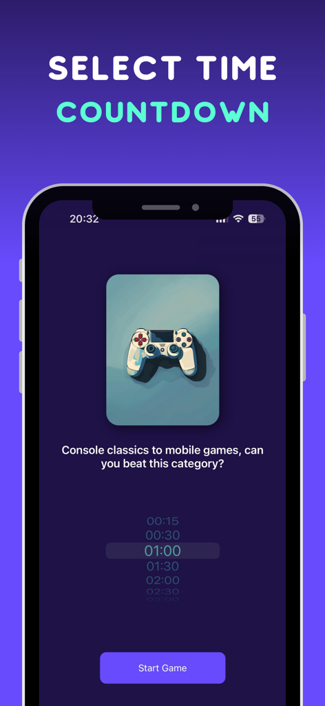 Charades : What am i - A screen for selecting the game time countdown with a start game button