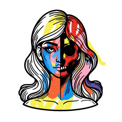 bust of a woman, half face and hair, half skull