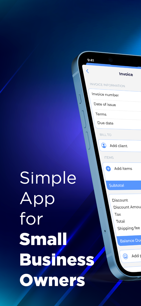 Simple Invoice & Receipt Maker - Un smartphone mostrando la interfaz de creación de facturas para propietarios de pequeñas empresas y solopreneurs