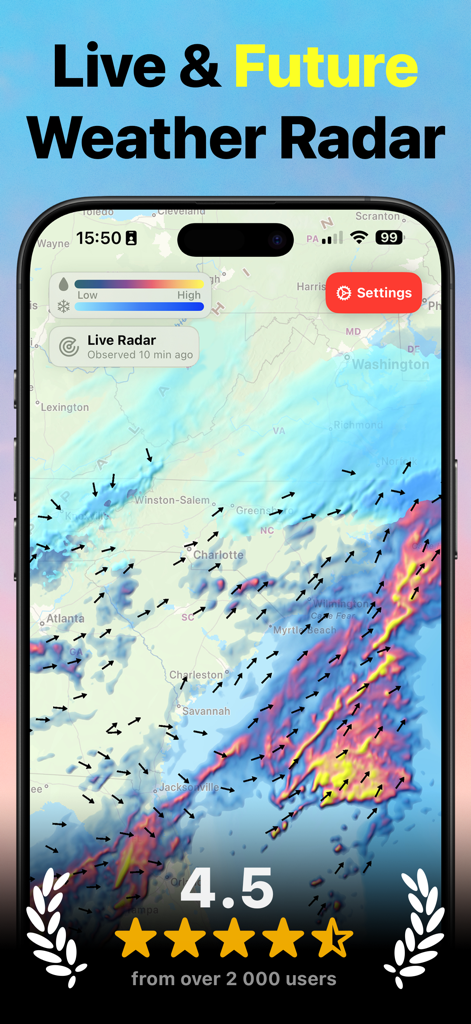 Pantalla de iPhone que muestra un mapa de radar meteorológico en vivo con superposiciones de precipitación coloridas y flechas de dirección del viento.