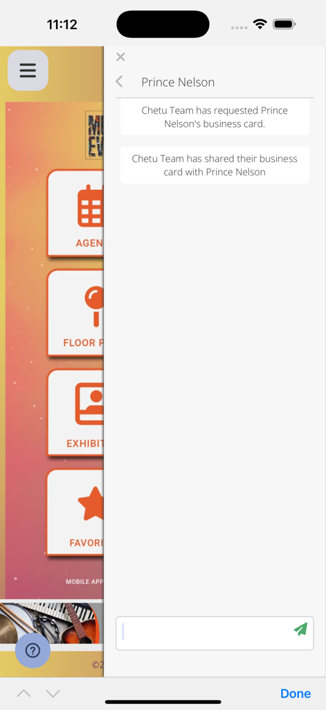 ShoApp - ShoApp networking screen showing a digital business card exchange between attendees