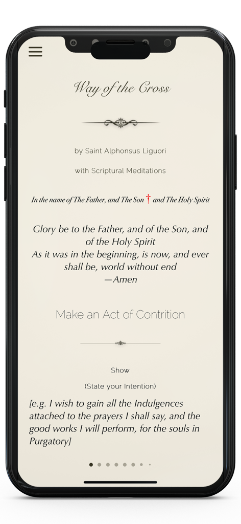 전통적인 묵상이 포함된 성 알폰소 리구오리의 십자가의 길을 보여주는 가톨릭 기도 앱 화면