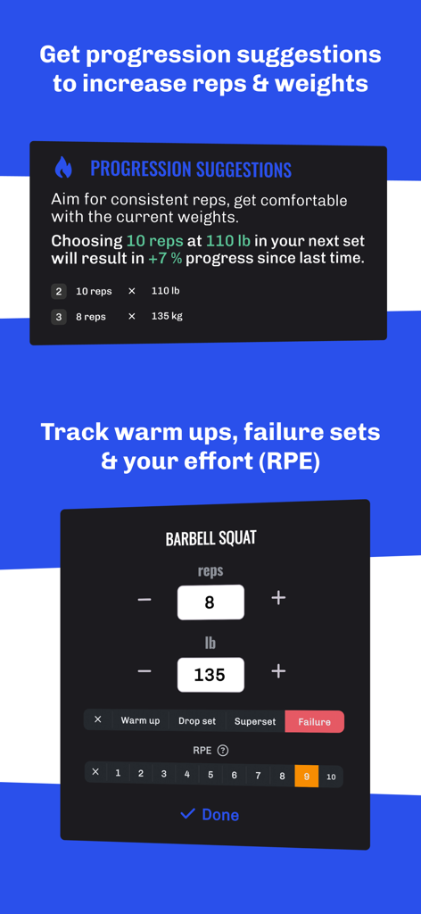Gym Log Workout Tracker LEGEND - Interfaz de la aplicación de entrenamiento de gimnasio que muestra sugerencias de progresión y registro de RPE para sentadillas con barra.