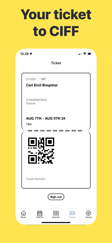 Digital entry ticket interface in the CIFF app with a QR code and attendee details