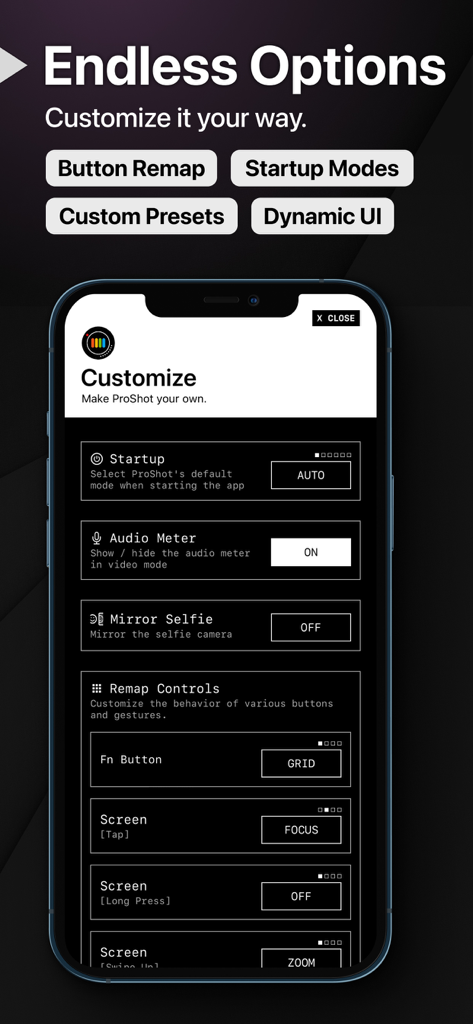ProShot - ProShot app settings menu for remapping buttons and customizing camera startup modes