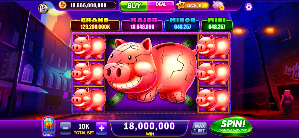 Cash Master Slots - Casino - Une machine à sous sur le thème de la tirelire montrant un gain massif de 18 millions de pièces