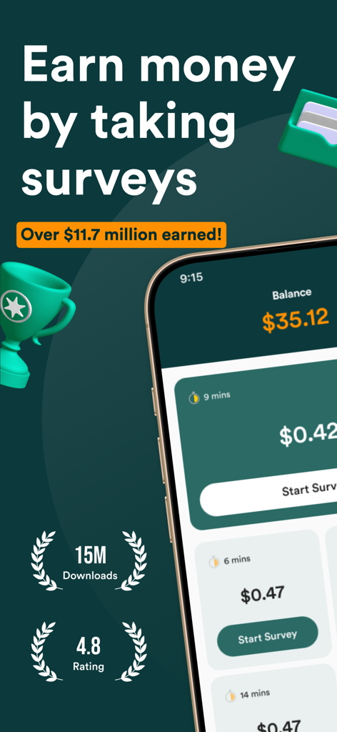 Interfaz de la aplicación MultiPolls mostrando encuestas pagadas disponibles y el saldo en efectivo del usuario.