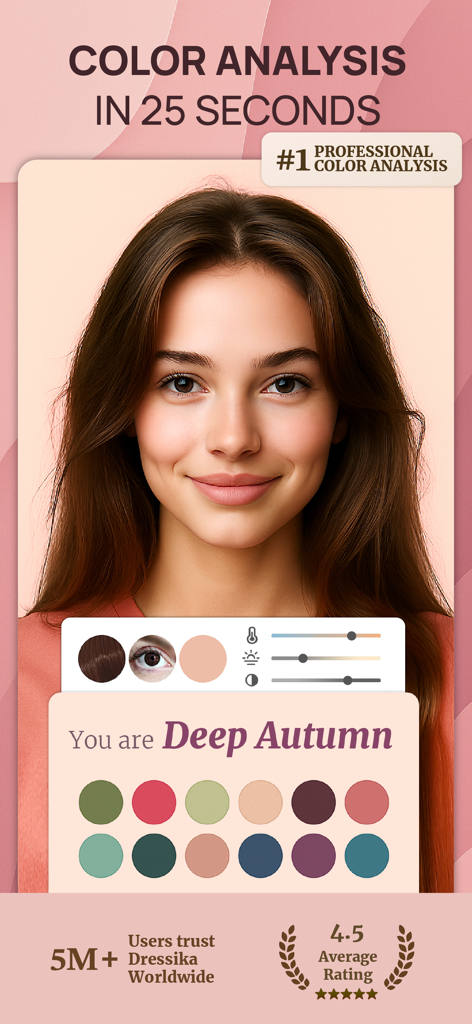 Color Analysis - Dressika - Dressika app interface showing a woman with her Deep Autumn seasonal color palette result